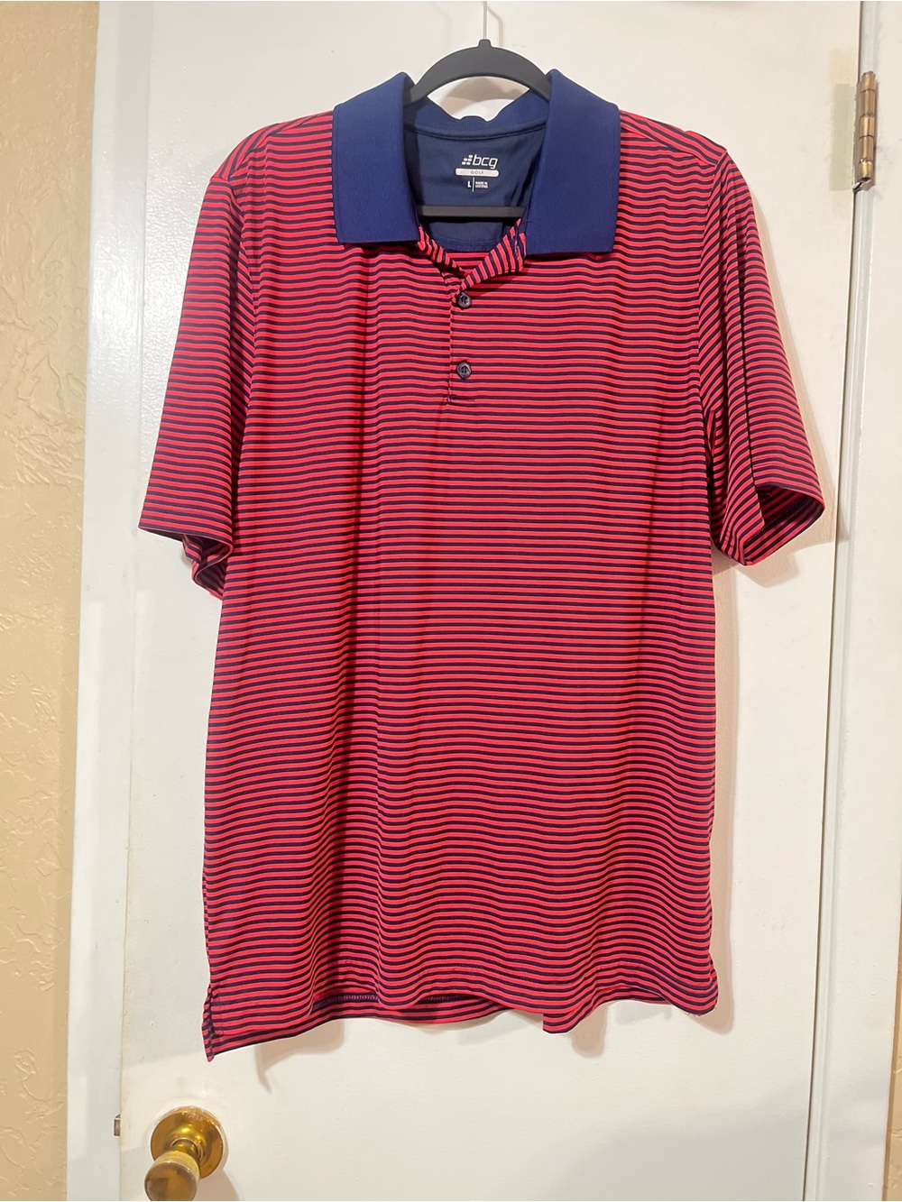 DC Men's Golf L Orange/Navy Striped Performance Short Sleeve Polo Shirt
